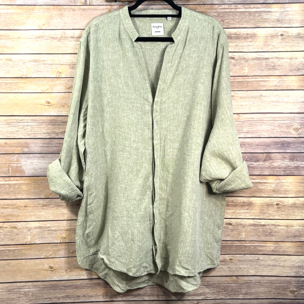 Baird McNutt Womens Green Long Roll Tab Sleeve Button Up Linen Blouse 2XT